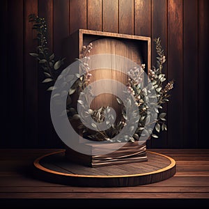 Wooden frame with spring flowers and tulips on old wooden background podium for product presentatio