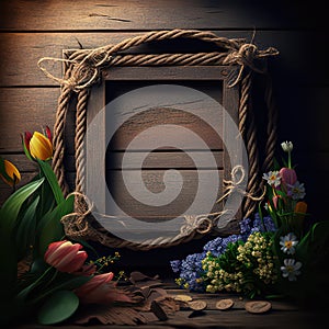 Wooden frame with spring flowers and tulips on old wooden background podium for product presentatio