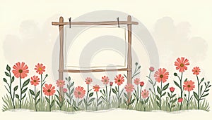 Wooden frame supported by sticks, suspending a blank canva photo