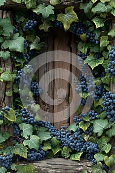 A wooden frame with vines and grapes on it, AI