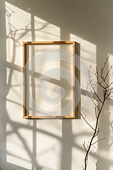 A wooden frame with a white background and a branch in the foreground