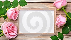 Wooden frame with white space for text surrounded by delicate, pink rose flowers on a wooden background, top view