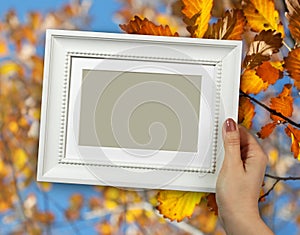 Wooden frame in woman hands on the background of yellow fall oak leafs