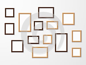 Wooden frame. Wood blank picture frames in different sizes on wall. Museum gallery mockup design, advertising image