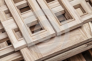Wooden frames on workbench in carpentry workshop
