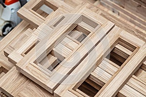 Wooden frames on workbench in carpentry workshop