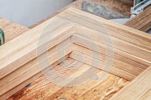 Wooden frames on workbench in carpentry workshop