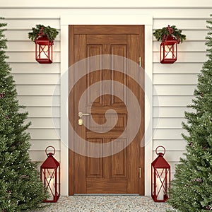 Wooden front door with the christmas decor. 3d render