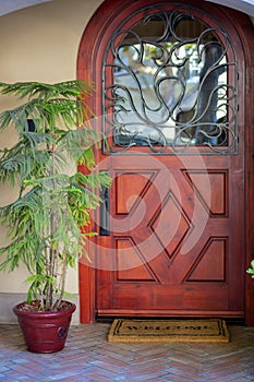 Wooden front door with decorative facade and glass windows with brown welcome mat and tropical plant in pot