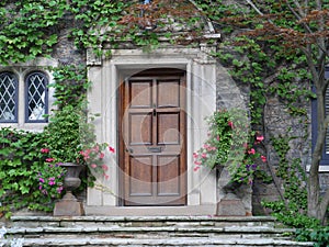Wooden front door of house with ivy