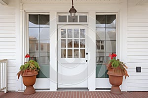 wooden front door with transom on a colonial revival property