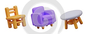 Wooden fullback chair, soft purple armchair, round stool. Isolated vector furniture for sitting