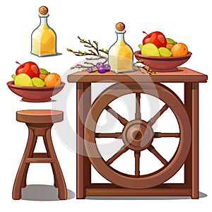 Wooden furniture in country style, liqueur and fruits. Vector Illustration in cartoon style isolated on white