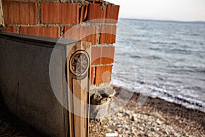 Wooden furniture made of natural materials in the garden. old wooden furniture in the vintage inlaid detai