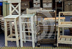 Wooden furniture for sale at Puerto de Frutos in Tigre City, Buenos Aires photo