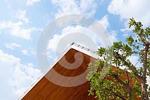 Wooden gabled roof with blue sky