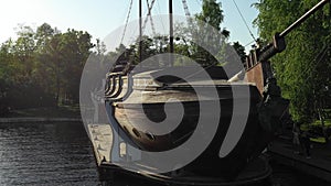 The wooden Galleon barge, ship, on the bank of Mezhyhirya park, Ukraine