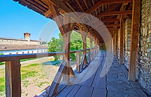 The wooden gallery atop the rampart of Kamianets-Podilskyi Castle, Ukraine