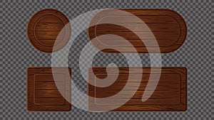 Wooden game sign board cartoon banner. Wood texture ui plank isolated on transparent background. Signboard frame circle
