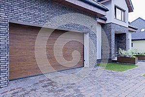 Wooden garage door of detached house