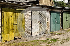 Wooden garage doors of different colors, Ventspils, Latvia