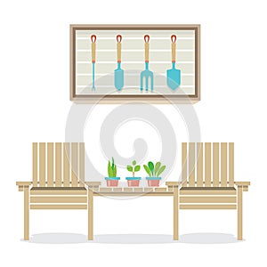 Wooden Garden Chairs With Plants And Tools Gardening Concept