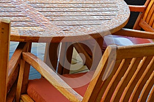 Wooden garden furniture covered in raindrops