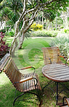 Wooden garden furniture and landscaping