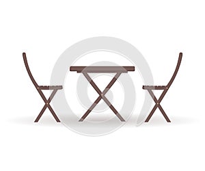 Wooden garden furniture or a set of furniture for the balcony: a folding table and chairs isolated on a white background. Vector