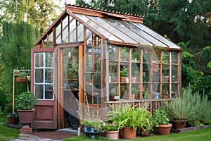 wooden garden shed with greenhouse windows and potted plants
