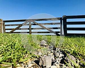 Wooden Gate, blue sky, rocks and green grass under sunshiny day. photo