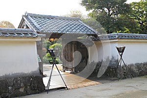 Wooden gate of Flatly Landscaped Garden in Koko-en Garden, Himeji, Japan