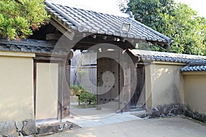 Wooden gate of the Garden of Seedlings in Koko-en Garden, Himeji, Japan