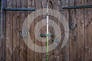 Wooden gate with iron horseshoes