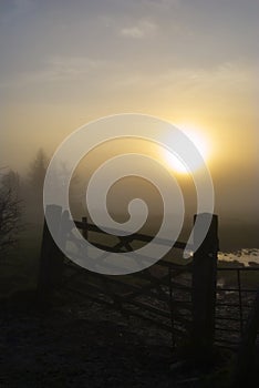 Wooden Gate and Misty Sunset