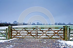 Wooden gate next to a wintery field with black sheep