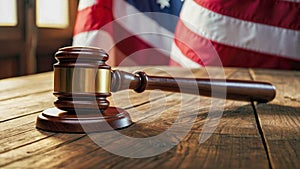 Wooden gavel and American flag on wooden table. Law and justice concept