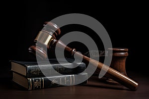 Wooden gavel and books on a black background. Law concept. Legal law hammer on a table with law books, Ai Generated