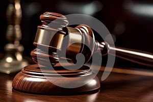 Wooden gavel on court desk on dark background close up. Judges gavel Law and justice concept.