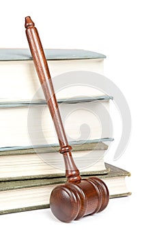 Wooden gavel and law books