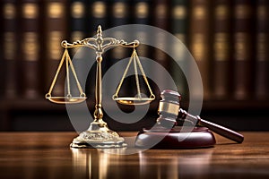 Wooden gavel and scales of justice. Law and justice concept. Ai generative