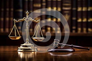 Wooden gavel and scales of justice. Law and justice concept. Ai generative