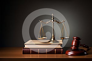 Wooden gavel and scales of justice on top of law books