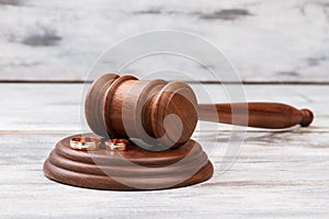 Wooden gavel with sounding block.