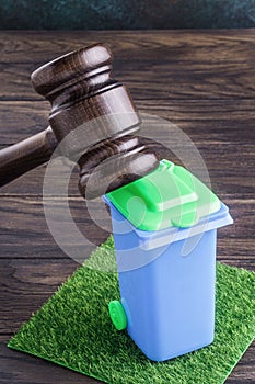 Wooden gavel and trash bin on green grass