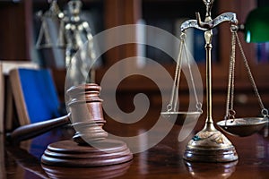 Wooden gavel on wooden table,legal books background