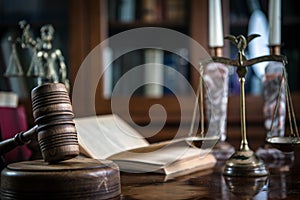 Wooden gavel on wooden table,legal books background