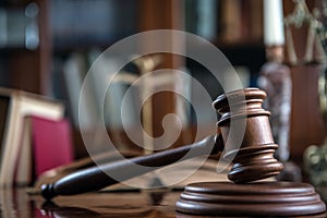 Wooden gavel on wooden table,legal books background