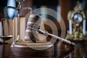 Wooden gavel on wooden table,legal books background