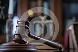 Wooden gavel on wooden table,legal books background